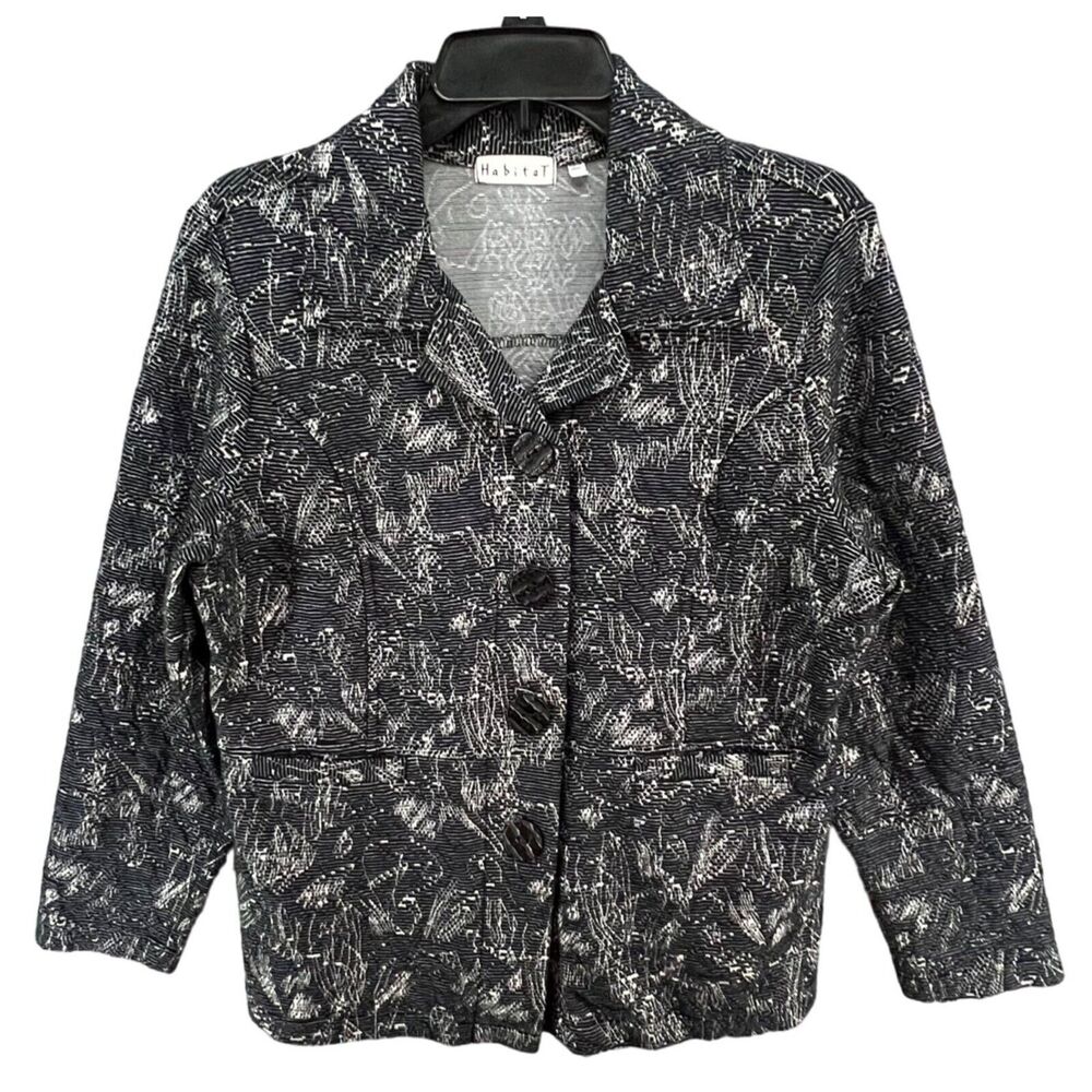 Habitat Blazer Jacket Women M Blue Knit Tapestry Texture Buttons Pockets Stretch - Picture 1 of 16
